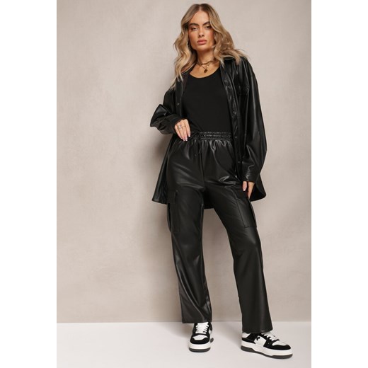 Czarne Szerokie Spodnie High Waist w Stylu Cargo z Gumką w Pasie i Kieszeniami Renee XL/XXL promocja Renee odzież