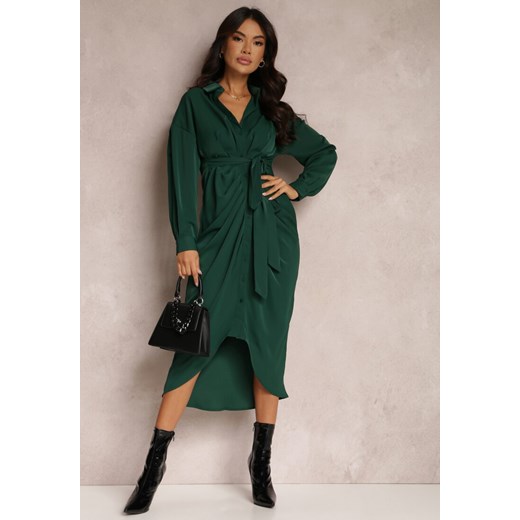 Zielona Sukienka Koszulowa z Wiązanym Paskiem i Marszczeniem Odele ze sklepu Renee odzież w kategorii Sukienki - zdjęcie 162771928