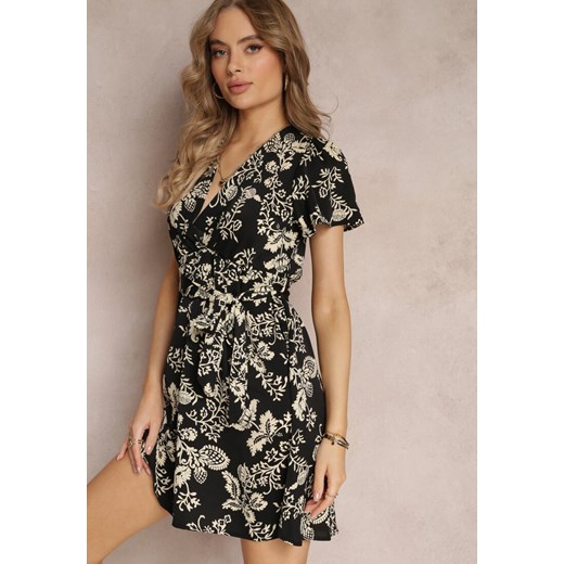 Czarna Rozkloszowana Sukienka w Kwiaty z Wiązanym Paskiem Aiane ze sklepu Renee odzież w kategorii Sukienki - zdjęcie 162773387