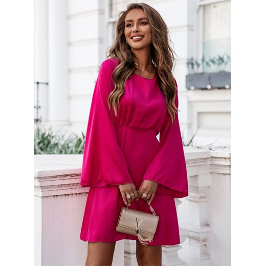 Satynowa sukienka z poszerzanymi rękawami Xennko - fuksja - fuksja Pakuten uniwersalny wyprzedaż pakuten.pl