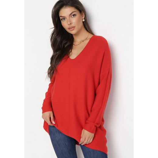 Czerwony Asymetryczny Sweter z Rękawami Typu Nietoperz Onuva L okazyjna cena Born2be Odzież