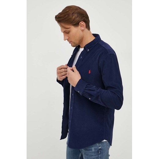 Polo Ralph Lauren koszula sztruksowa kolor granatowy regular z kołnierzykiem button-down ze sklepu ANSWEAR.com w kategorii Koszule męskie - zdjęcie 162793576
