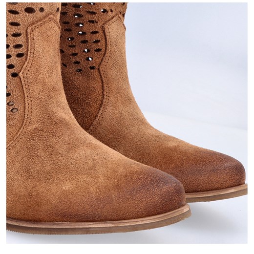 Skórzane kowbojki ażurowe - EQUISITE 1229 KARMELOWE Exquisite Shoes 36 Tymoteo.pl - sklep obuwniczy