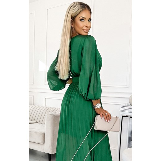 Plisowana sukienka z paskiem zielona 414-3 Klara, Kolor zielony, Rozmiar one Numoco Basic one size Primodo