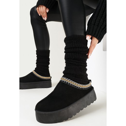 Czarne Śniegowce z Krótką Cholewką na Platformie z Ozdobną Lamówką Rivella ze sklepu born2be.pl w kategorii Śniegowce damskie - zdjęcie 162825329