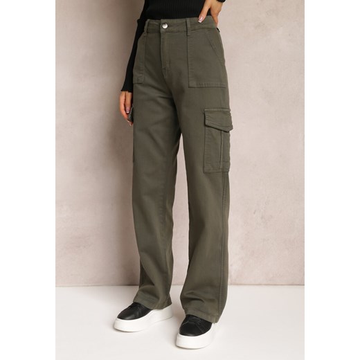 Ciemnozielone Szerokie Jeansy Cargo z Elastycznej Bawełny Ganiaba ze sklepu Renee odzież w kategorii Spodnie damskie - zdjęcie 162830268