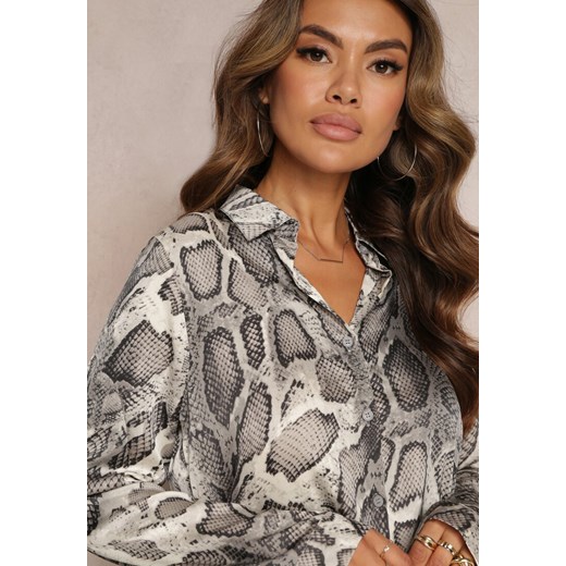 Szaro-Biała Koszula na Guziki w Wężowy Print Moccata Renee XL promocyjna cena Renee odzież