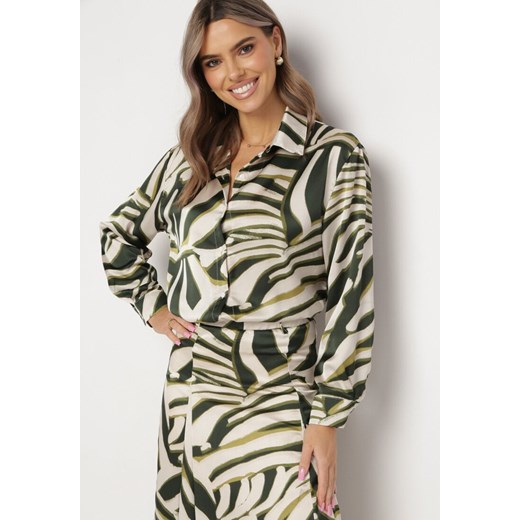 Zielono-Beżowa Koszula z Satyny Zapinana na Guziki Hadeela ze sklepu Born2be Odzież w kategorii Koszule damskie - zdjęcie 162844518