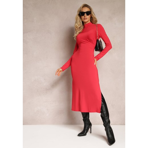 Czerwona Sukienka Midi z Marszczeniem i Rozcięciem Vangia ze sklepu Renee odzież w kategorii Sukienki - zdjęcie 162852678