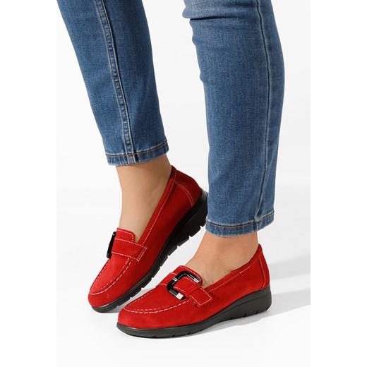 Mokasyny Zapatos czerwone skórzane płaskie na wiosnę bez zapięcia 