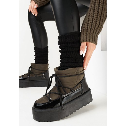 Czarno-Zielone Śniegowce na Grubej Platformie z Ozdobnym Sznurowaniem Lamiatres ze sklepu born2be.pl w kategorii Śniegowce damskie - zdjęcie 162892386