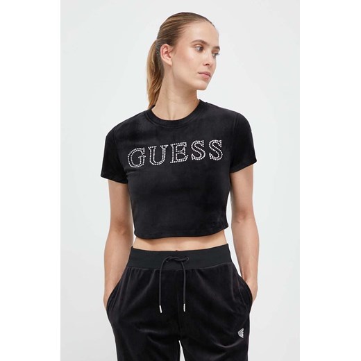 Guess t-shirt welurowy COUTURE kolor czarny V3BI01 KBXI2 ze sklepu ANSWEAR.com w kategorii Bluzki damskie - zdjęcie 162893188