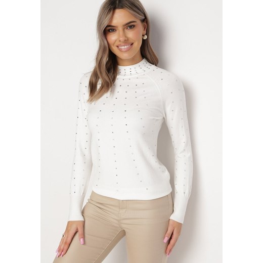Biały Sweter z Golfem Ozdobiony Kompozycją z Cyrkonii Ruittes ze sklepu Born2be Odzież w kategorii Swetry damskie - zdjęcie 162898769