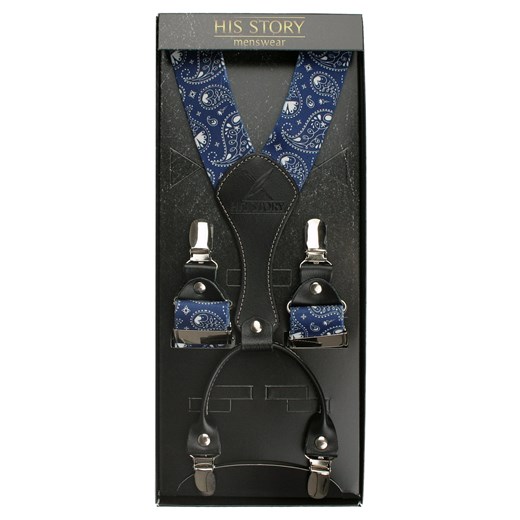 Szelki Męskie, Szerokie, Skóra Naturalna - HIS STORY - Ciemnoniebieskie, Paisley SZHSTR0138 ze sklepu JegoSzafa.pl w kategorii Szelki - zdjęcie 162937619