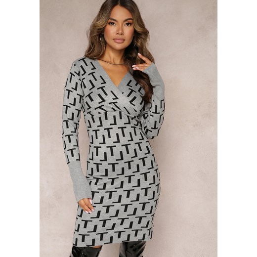 Szara Dzianinowa Sukienka w Geometryczny Wzór z Kopertowym Dekoltem Isobell ze sklepu Renee odzież w kategorii Sukienki - zdjęcie 162946755