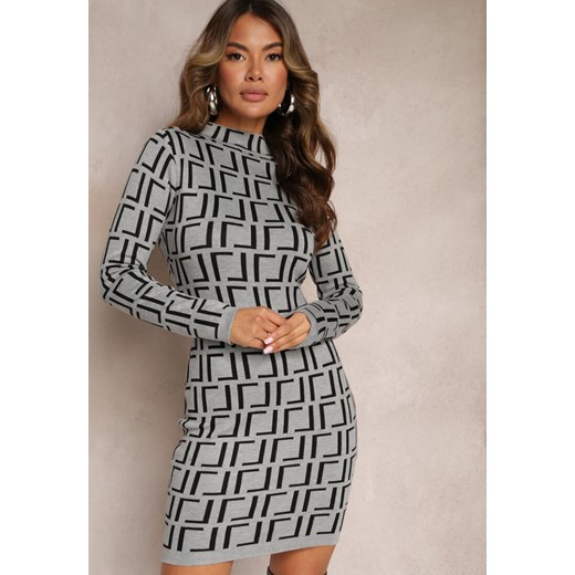 Szara Mini Sweterkowa Sukienka o Dopasowanym Fasonie z Geometrycznym Wzorem Minametta ze sklepu Renee odzież w kategorii Sukienki - zdjęcie 162946765