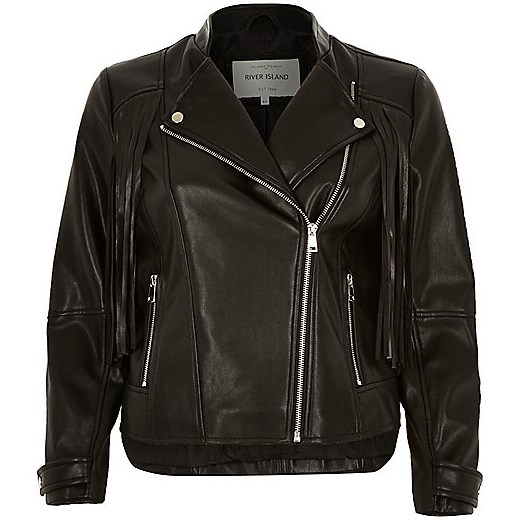 Black leather-look fringed biker jacket river-island czarny kurtki