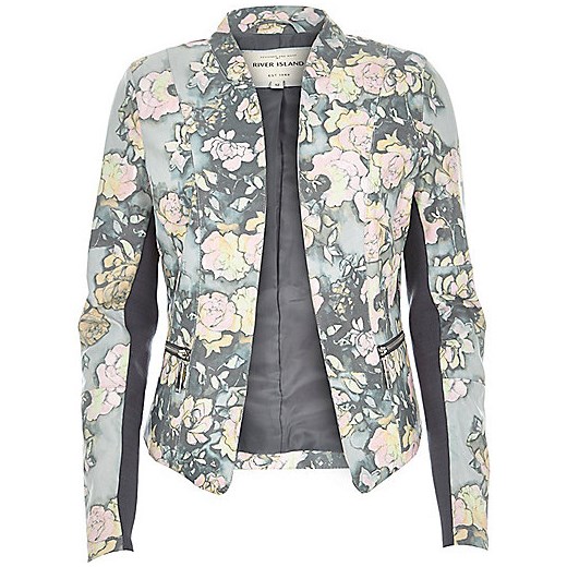 Grey floral print leather-look fitted jacket river-island szary 