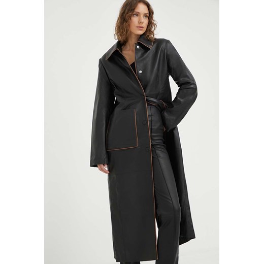 Remain płaszcz skórzany damski kolor czarny przejściowy ze sklepu ANSWEAR.com w kategorii Płaszcze damskie - zdjęcie 163363597