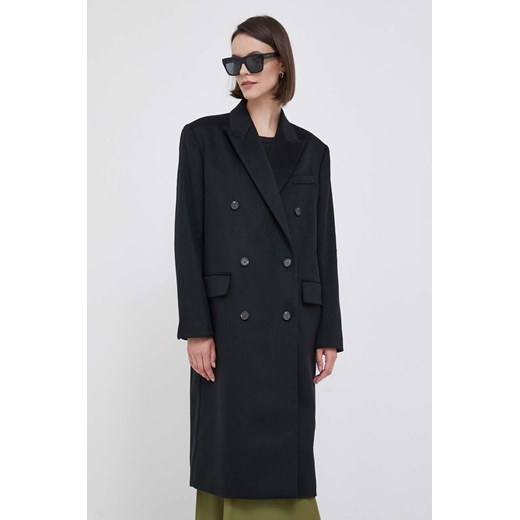 Calvin Klein płaszcz wełniany kolor czarny przejściowy dwurzędowy ze sklepu ANSWEAR.com w kategorii Płaszcze damskie - zdjęcie 163364785
