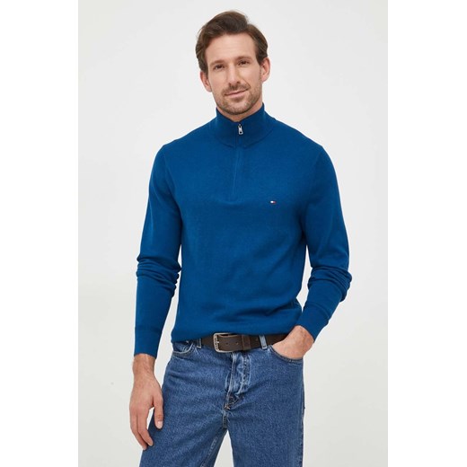 Tommy Hilfiger sweter z domieszką kaszmiru kolor niebieski lekki z półgolfem Tommy Hilfiger XL ANSWEAR.com