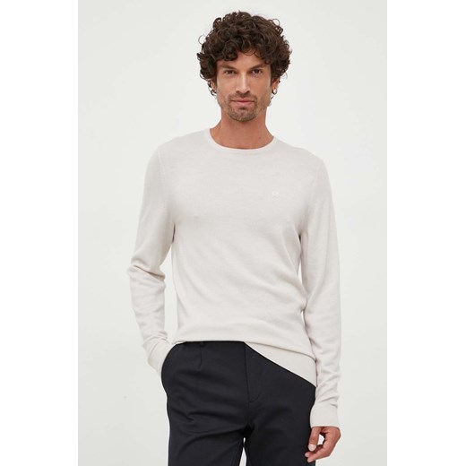 Calvin Klein sweter wełniany męski kolor beżowy lekki ze sklepu ANSWEAR.com w kategorii Swetry męskie - zdjęcie 163379646