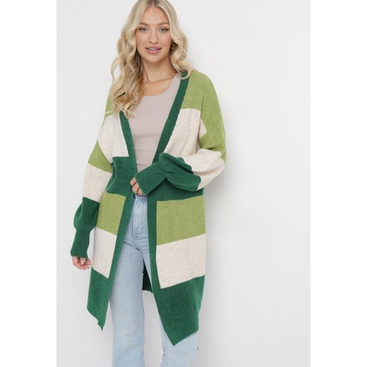 Zielony Długi Kardigan w Paski Amonta ze sklepu Born2be Odzież w kategorii Swetry damskie - zdjęcie 163457258