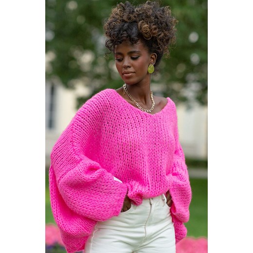 Sweter z wełną w kolorze różowym F1256, Kolor różowy, Rozmiar XL/2XL, Fobya ze sklepu Primodo w kategorii Swetry damskie - zdjęcie 163463856