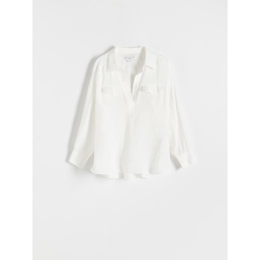 Bluzka damska biała Reserved z tkaniny z kołnierzykiem z długim rękawem 