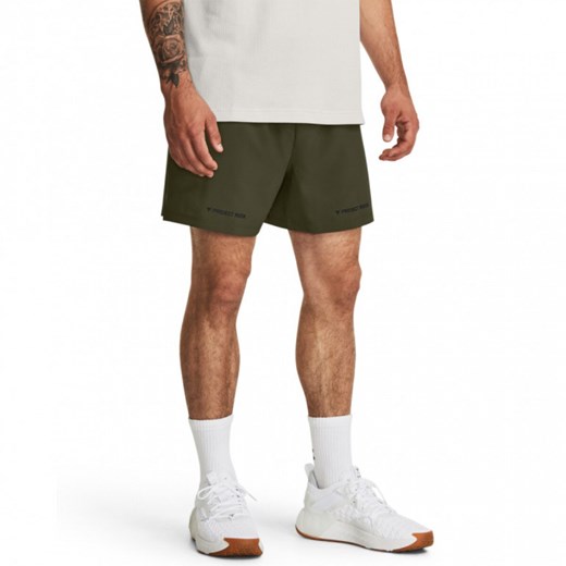 Męskie spodenki treningowe Under Armour Project Rock 5" Woven Short - oliwkowe/khaki ze sklepu Sportstylestory.com w kategorii Spodenki męskie - zdjęcie 163508935