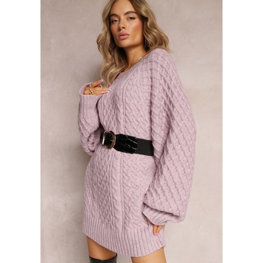 Fioletowy Długi Sweter Ozdobiony Drobnym Splotem Killoe ze sklepu Renee odzież w kategorii Swetry damskie - zdjęcie 163564606