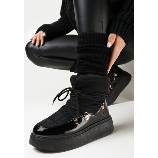 Czarne Ocieplone Śniegowce na Platformie z Wycięciem i Ozdobnym Wiązaniem Wokół Cholewki Abintte ze sklepu born2be.pl w kategorii Śniegowce damskie - zdjęcie 163567886