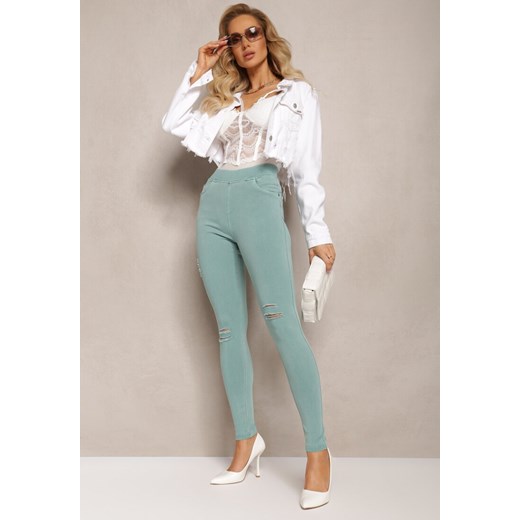Miętowe Spodnie z Dziurami i Przetarciami High Waist z Gumką w Talii Ambrogio ze sklepu Renee odzież w kategorii Spodnie damskie - zdjęcie 163571078