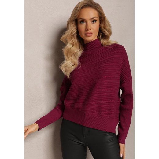 Bordowy Asymetryczny Sweter z Wełną Ozdobiony Tłoczeniem Aurorrsa ze sklepu Renee odzież w kategorii Swetry damskie - zdjęcie 163571376