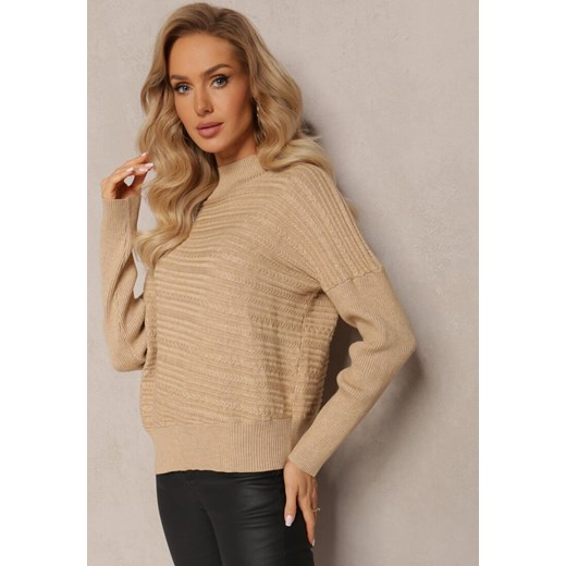 Jasnobeżowy Asymetryczny Sweter z Wełną Ozdobiony Tłoczeniem Aurorrsa ze sklepu Renee odzież w kategorii Swetry damskie - zdjęcie 163571386