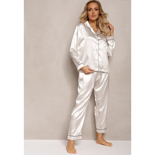 Biały Satynowy Komplet Piżamowy 2-częściowy z Koszulą i Spodniami Simma ze sklepu Renee odzież w kategorii Piżamy damskie - zdjęcie 163571495
