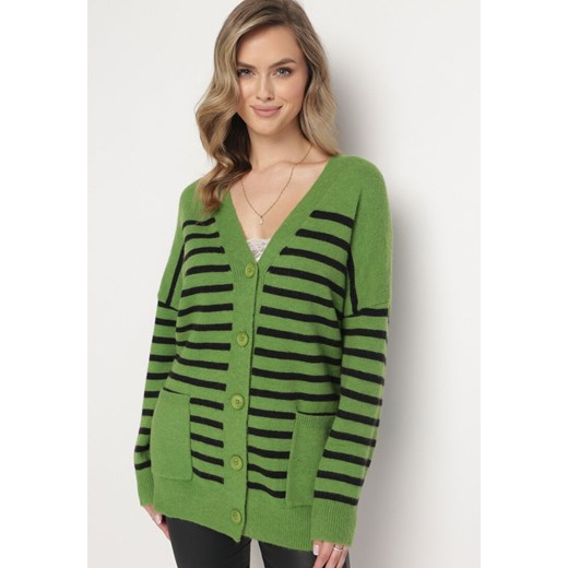 Zielony Długi Kardigan w Paski z Kieszeniami Fellesa ze sklepu Born2be Odzież w kategorii Swetry damskie - zdjęcie 163583996