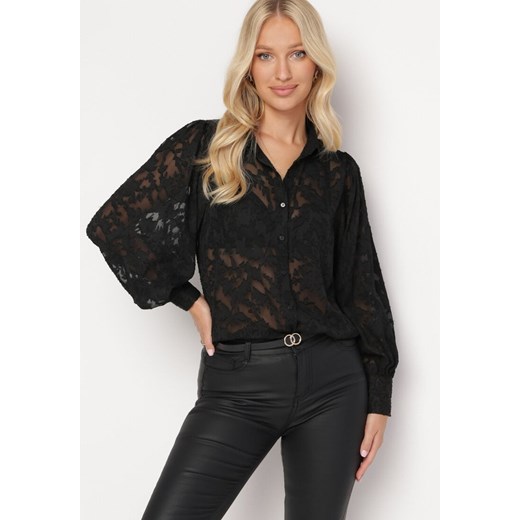 Czarna Koszula z Koronkowej Tkaniny Arelena ze sklepu Born2be Odzież w kategorii Koszule damskie - zdjęcie 163584066