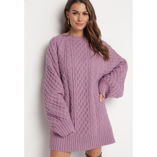 Fioletowy Sweter o Wydłużonym Fasonie z Modnym Splotem Ahexa ze sklepu Born2be Odzież w kategorii Swetry damskie - zdjęcie 163584197