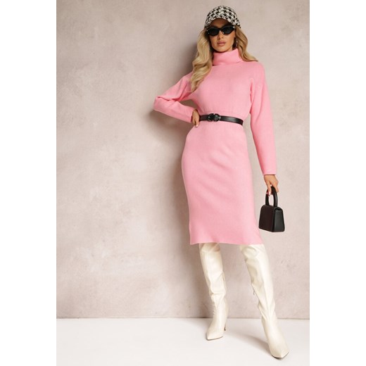 Różowa Dopasowana Sukienka Dzianinowa z Golfem i Wełną Moustie ze sklepu Renee odzież w kategorii Sukienki - zdjęcie 163584388