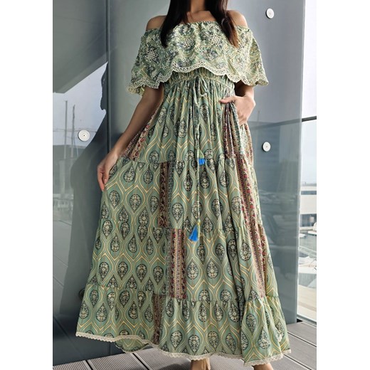 422 Maxi Sukienka Jedwab Toluca Green Boho World M/L okazyjna cena Ligari