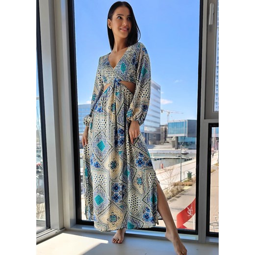 818 Maxi Sukienka Jedwab Roma Blue Boho World S/M okazyjna cena Ligari