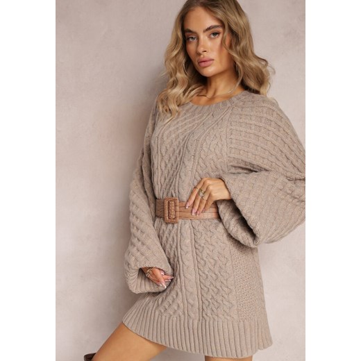 Ciemnobeżowy Długi Sweter Ozdobiony Drobnym Splotem Killoe ze sklepu Renee odzież w kategorii Swetry damskie - zdjęcie 163592739