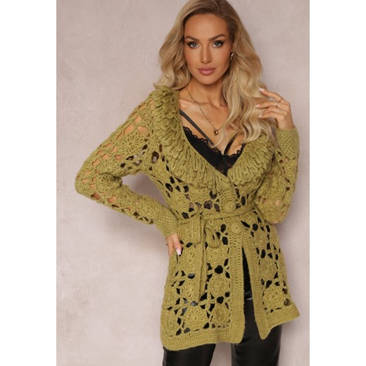 Zielony Ażurowy Kardigan z Wiązanym Paskiem Petrame ze sklepu Renee odzież w kategorii Swetry damskie - zdjęcie 163592799