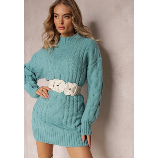 Miętowy Długi Sweter o Luźnym Kroju z Warkoczykowym Splotem Penerria ze sklepu Renee odzież w kategorii Swetry damskie - zdjęcie 163597167