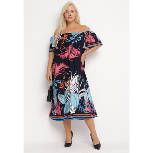 Granatowa Sukienka Hiszpanka Midi w Kwiaty Faemena 4XL promocja Born2be Odzież