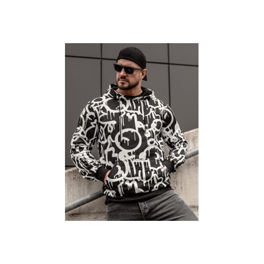 Czarno-biała bluza męska z kapturem kangurka z nadrukiem Denley 8B1152A 2XL okazja Denley
