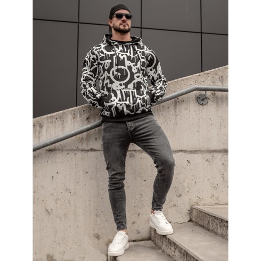 Czarno-biała bluza męska z kapturem kangurka z nadrukiem Denley 8B1152A M promocyjna cena Denley