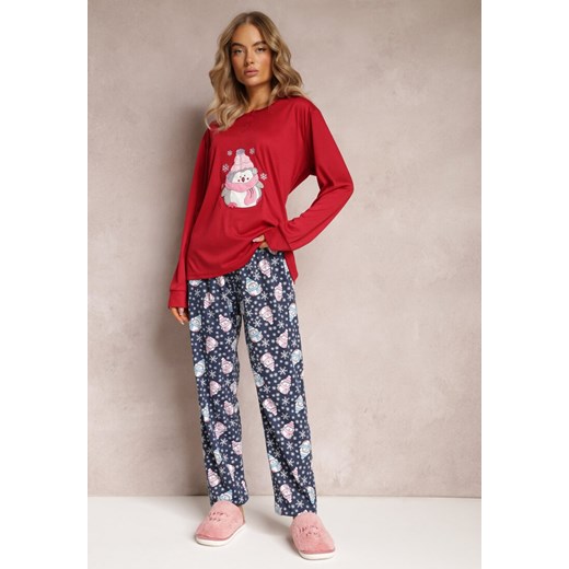 Czerwony Bawełniany Komplet Piżamowy 2-Częściowy z Naszywkami Bafaxa ze sklepu Renee odzież w kategorii Piżamy damskie - zdjęcie 163632929