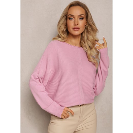 Różowy Oversizowy Sweter o Przedłużonym Fasonie z Rękawami Typu Nietoperz Porunxa ze sklepu Renee odzież w kategorii Swetry damskie - zdjęcie 163633098